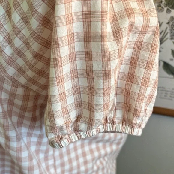 Savanna Jane Beige Gingham Embroidered Square-Neck Women's Top Medium - Picture 3 of 7